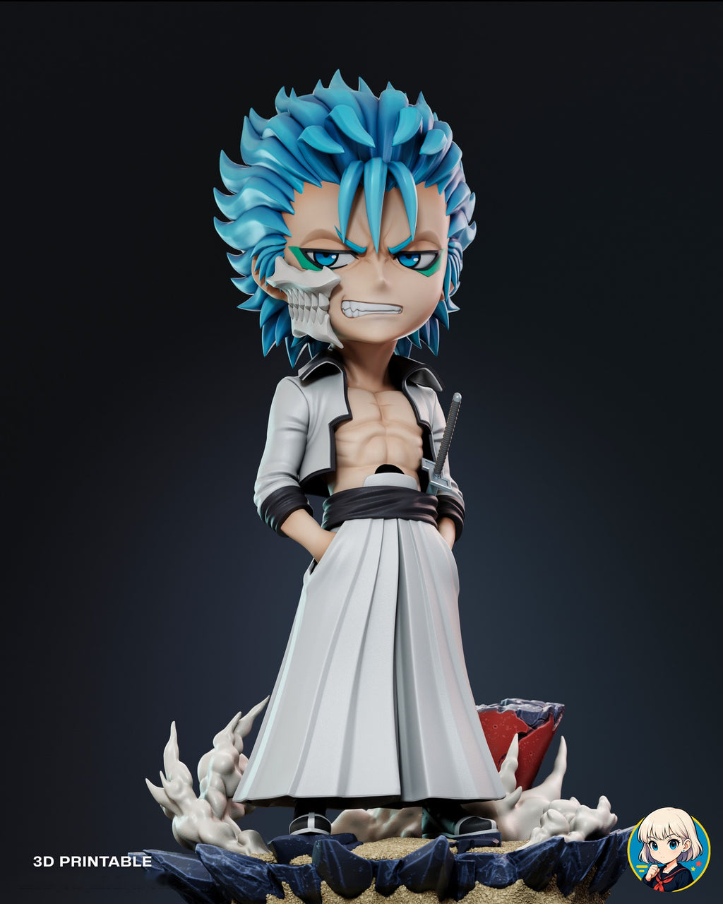 Sculptor's render (kit ships unpainted): straight-on front view of the open white jacket, black sash and pleated hakama