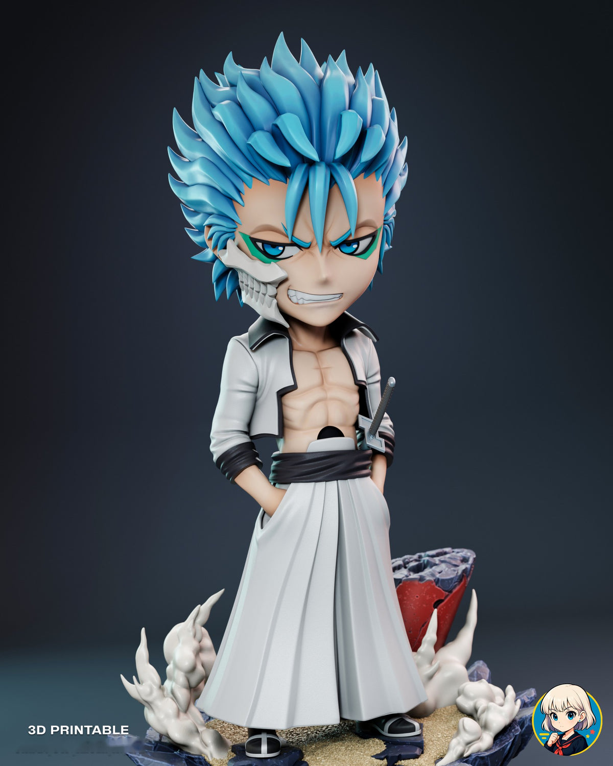 Sculptor's render (kit ships unpainted): close front view of the jacket, sash and hands in his pockets