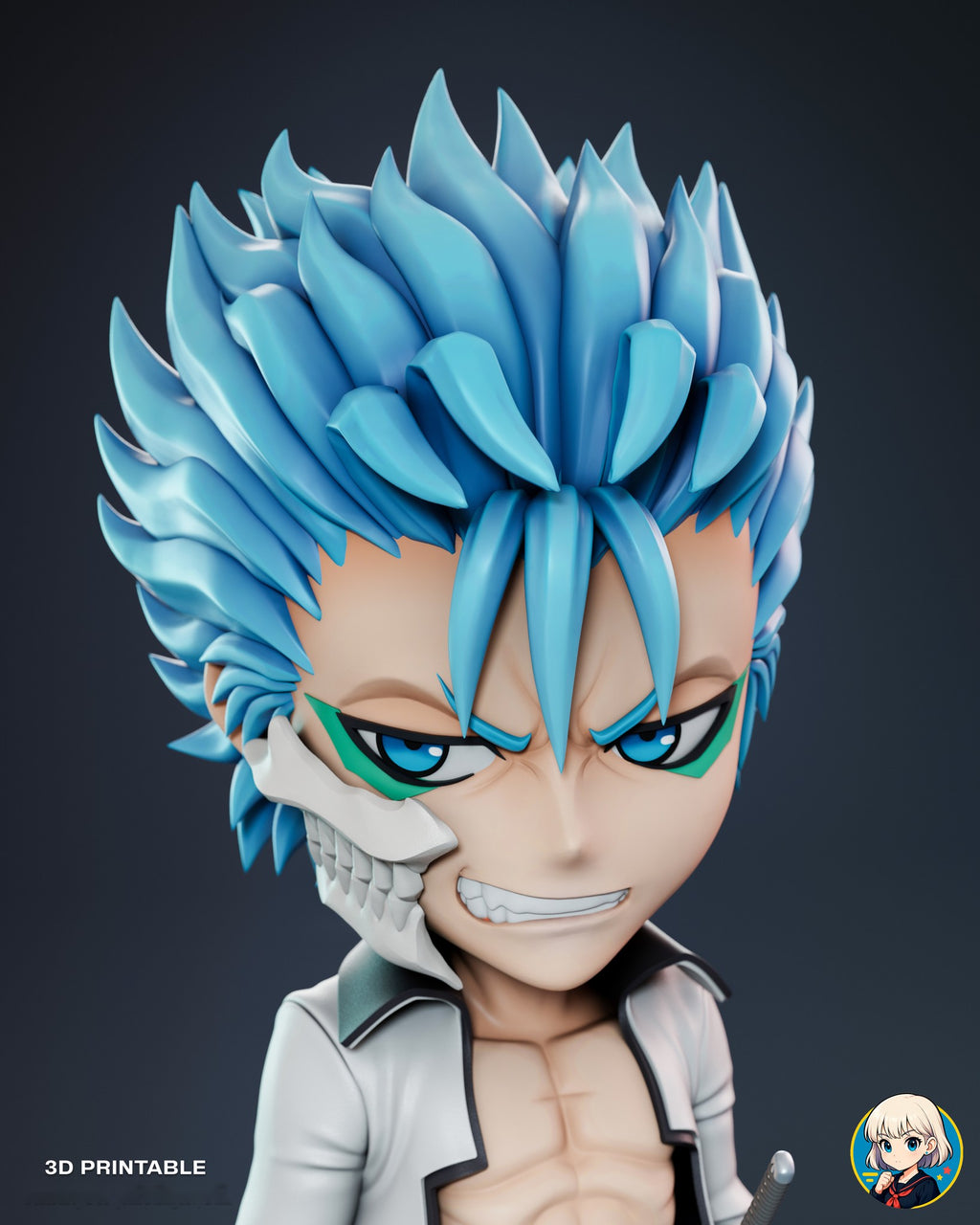 Sculptor's render (kit ships unpainted): close-up of the grinning face, teal eye markings and the bone jaw mask with its teeth