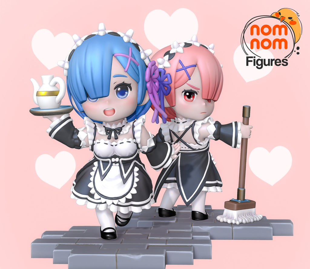 Sculptor's render of the painted design (kit ships unpainted): the blue-haired twin carrying a teapot tray and the pink-haired twin holding a mop, in black-and-white maid uniforms on gray paving stones