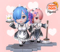 Sculptor's render of the painted design (kit ships unpainted): the blue-haired twin carrying a teapot tray and the pink-haired twin holding a mop, in black-and-white maid uniforms on gray paving stones