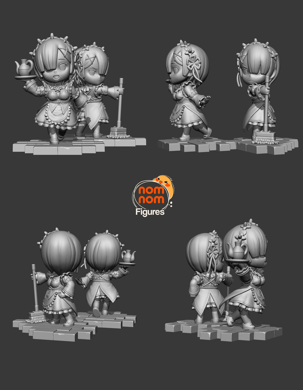 Sculptor's render, shown in gray (kit ships unpainted): four views of the pair from the front, side and back