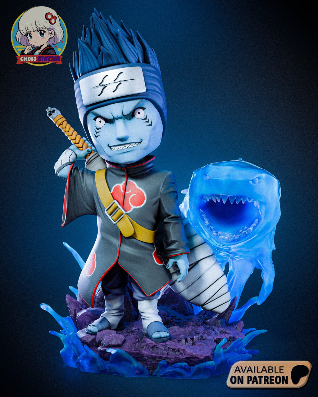 Sculptor's render of the painted design (kit ships unpainted): front view of the whole scene, the grinning swordsman with the sword hilt over his shoulder beside an open-jawed water shark on the splash-ringed rock base