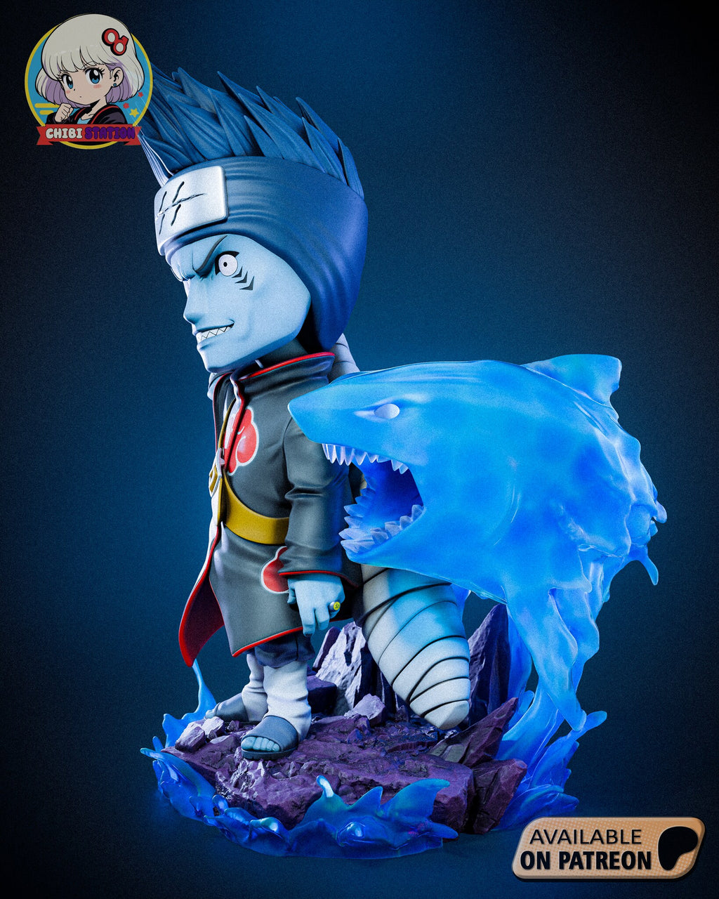 Sculptor's render (kit ships unpainted): view from his left with the shark in full profile, jaws open, and the wrapped end of the sword resting on the rocks