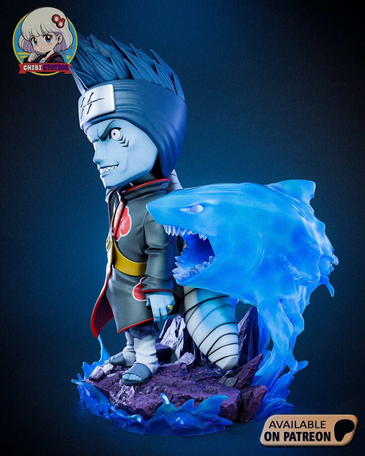 Sculptor's render (kit ships unpainted): view from his left with the shark in full profile, jaws open, and the wrapped end of the sword resting on the rocks