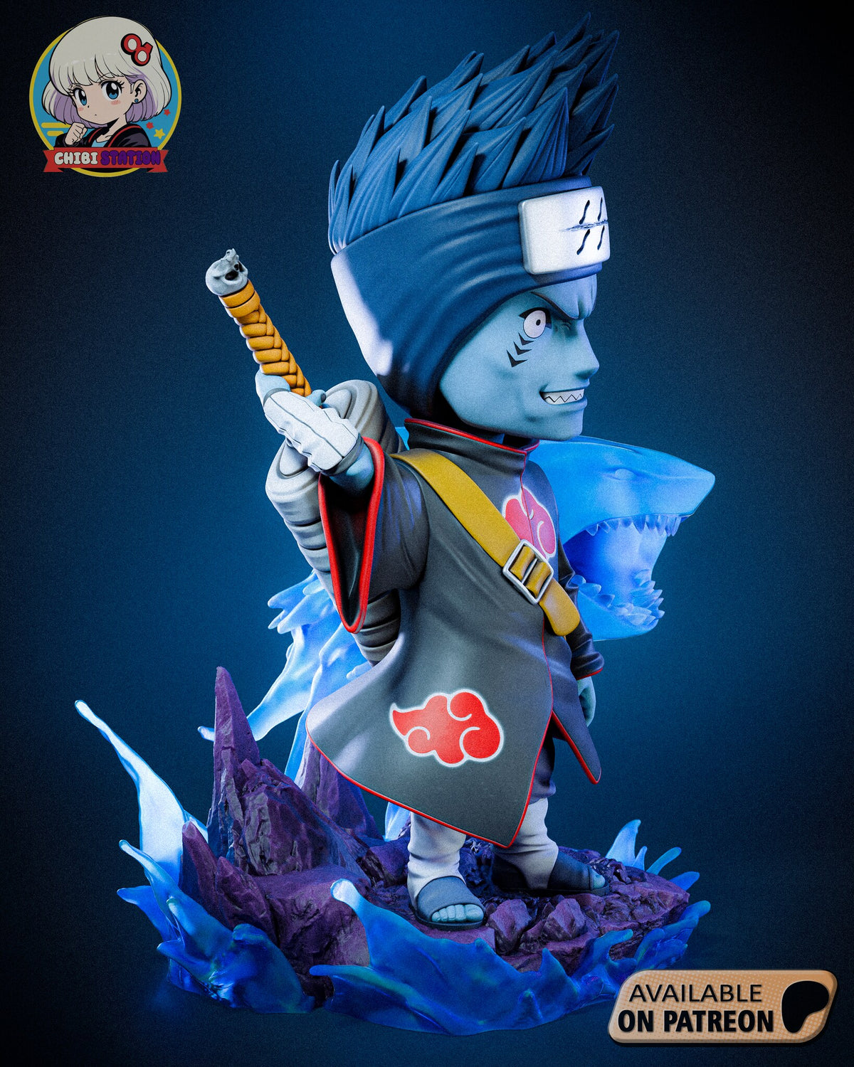 Sculptor's render (kit ships unpainted): view from his right, holding the braided hilt over his shoulder, with the strap, buckle and a red cloud on the cloak and the tall rock shards