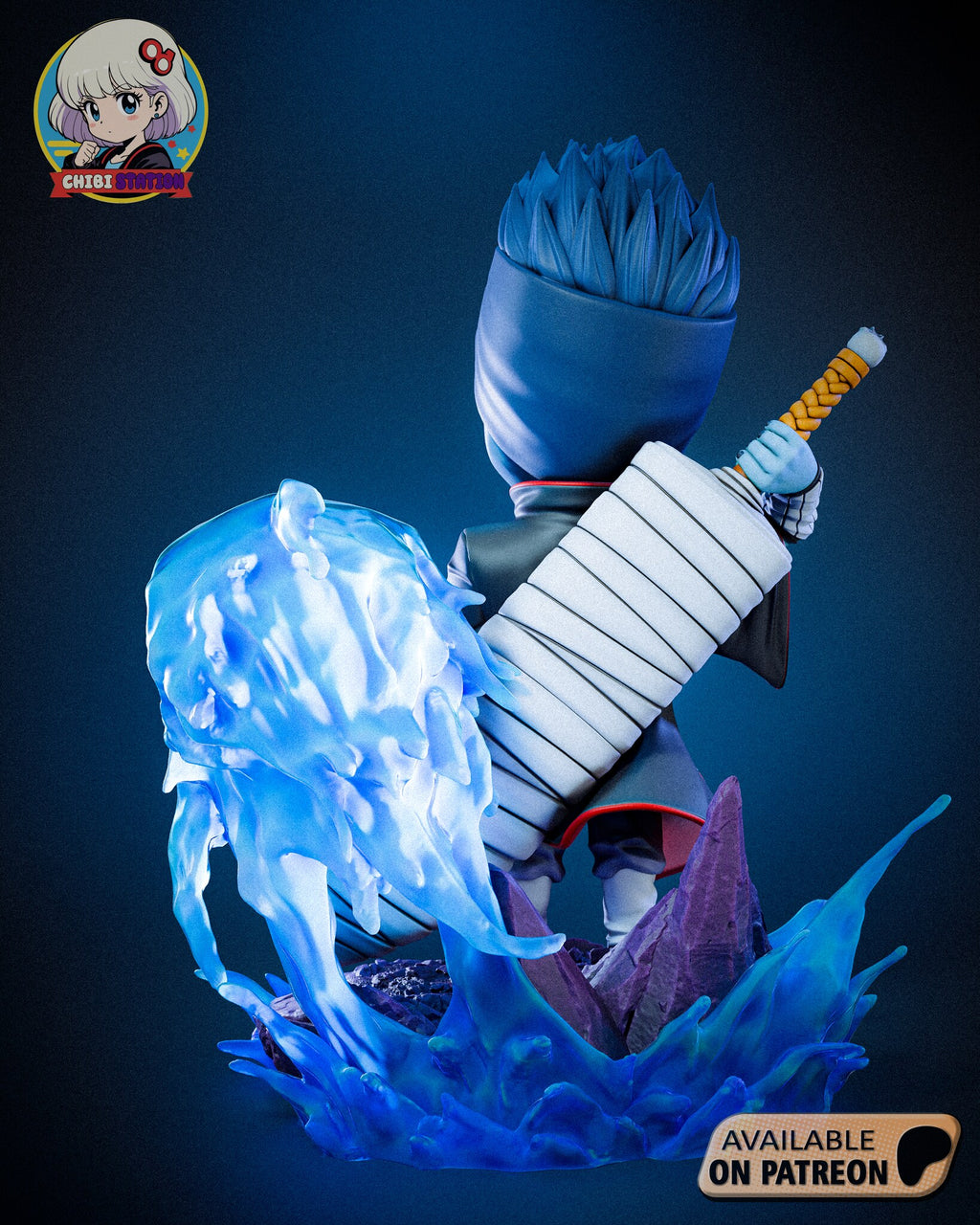 Sculptor's render (kit ships unpainted): back view showing the full length of the bandaged sword, the skull pommel and the shark seen from behind