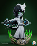 Sculptor's render of the painted design (kit ships unpainted): front view of the whole scene, arm outstretched in front of the stepped black portal, in the sand base with green energy walls