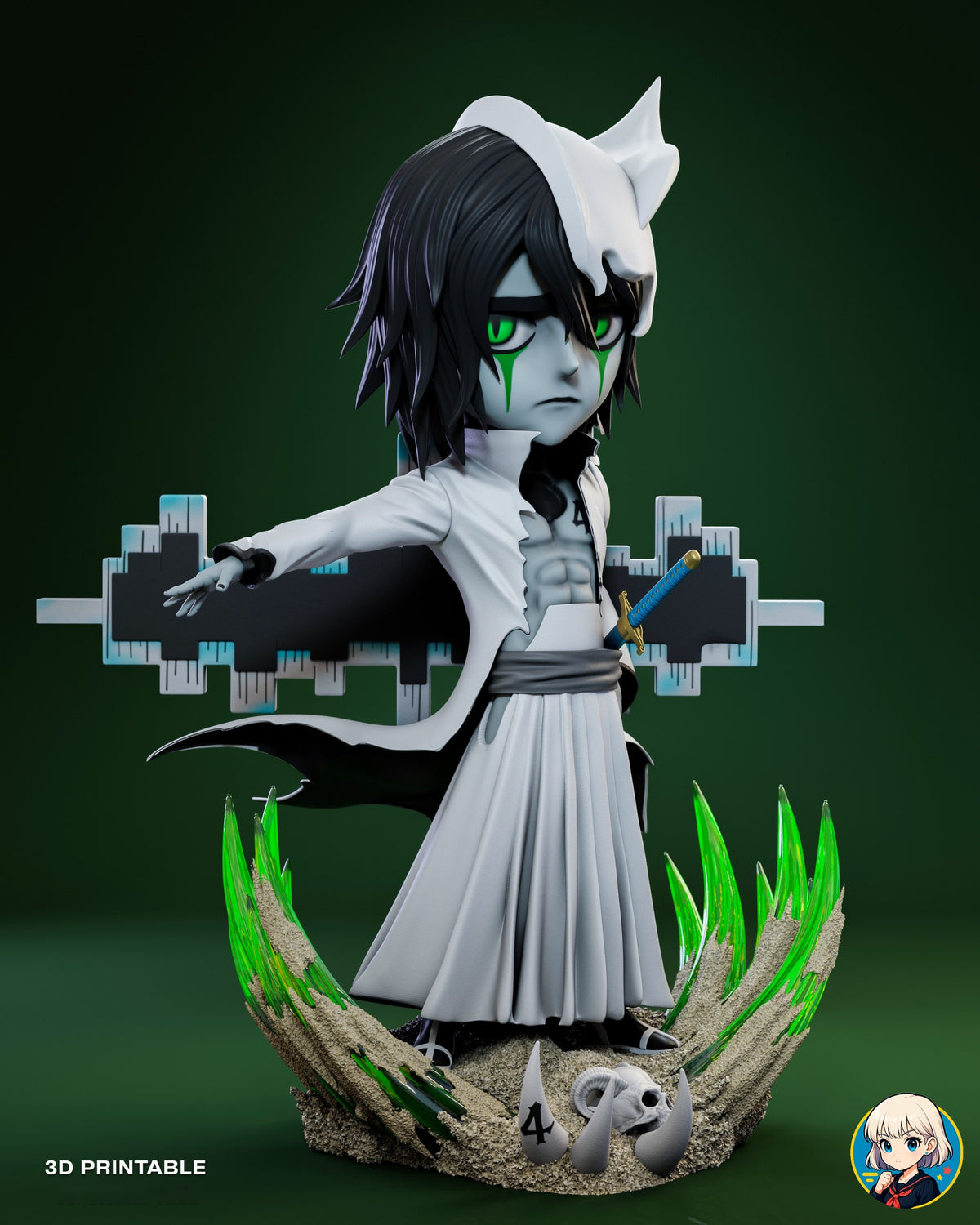 Sculptor's render of the painted design (kit ships unpainted): front view of the whole scene, arm outstretched in front of the stepped black portal, in the sand base with green energy walls