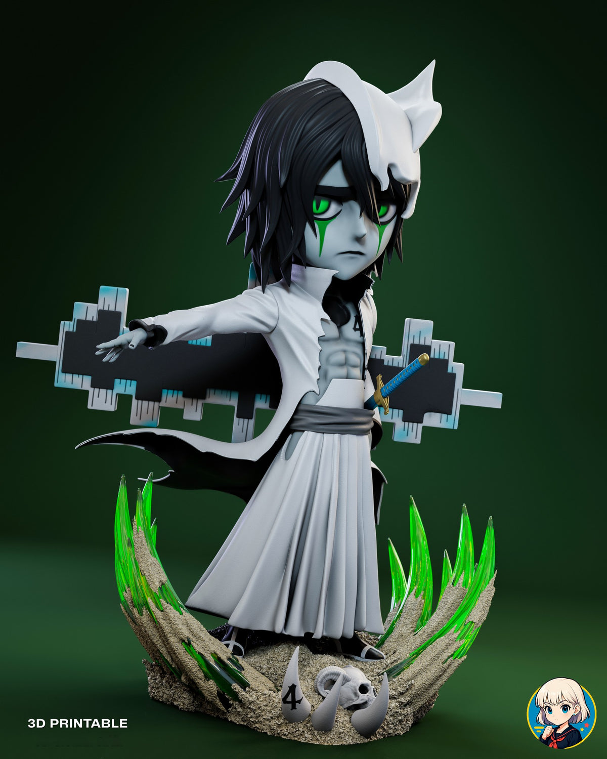 Sculptor's render (kit ships unpainted): front three-quarter view from his left on a plain green background, with the coat tail sweeping out