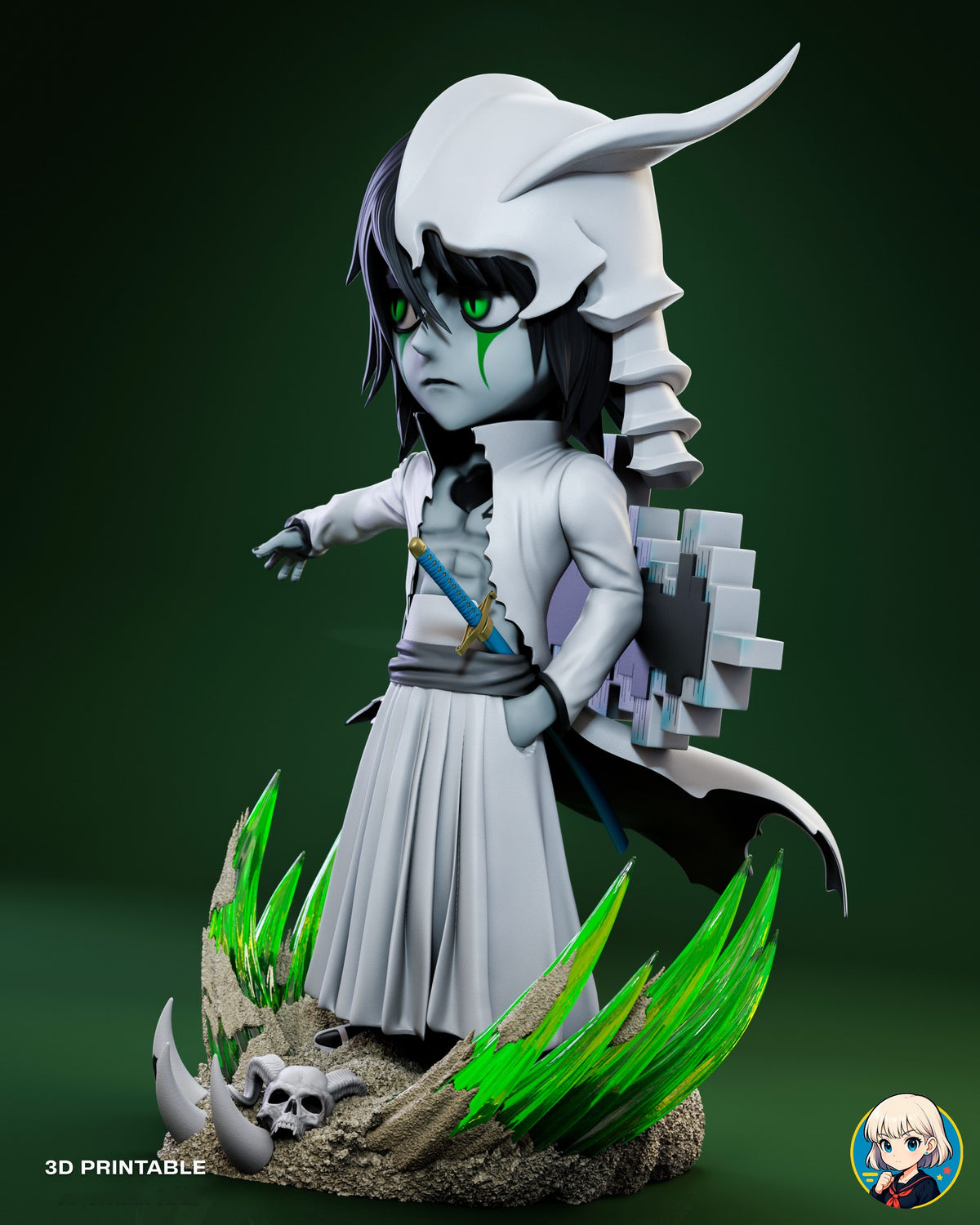 Sculptor's render (kit ships unpainted): left side view with the curved helmet horn, the hand tucked into the trousers and the portal seen edge-on