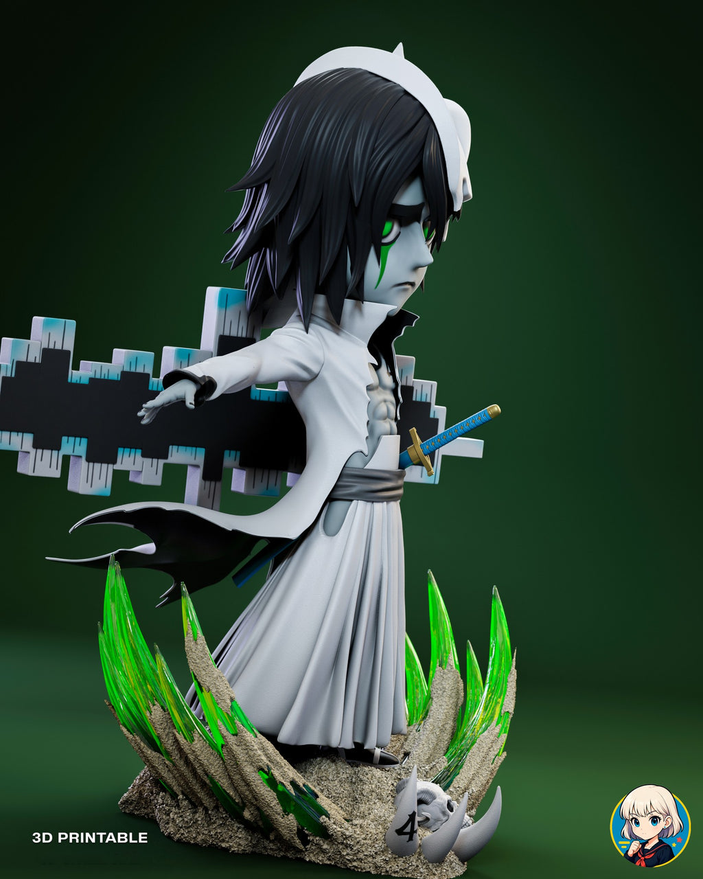 Sculptor's render (kit ships unpainted): right side view in near profile, arm outstretched, with the portal behind him