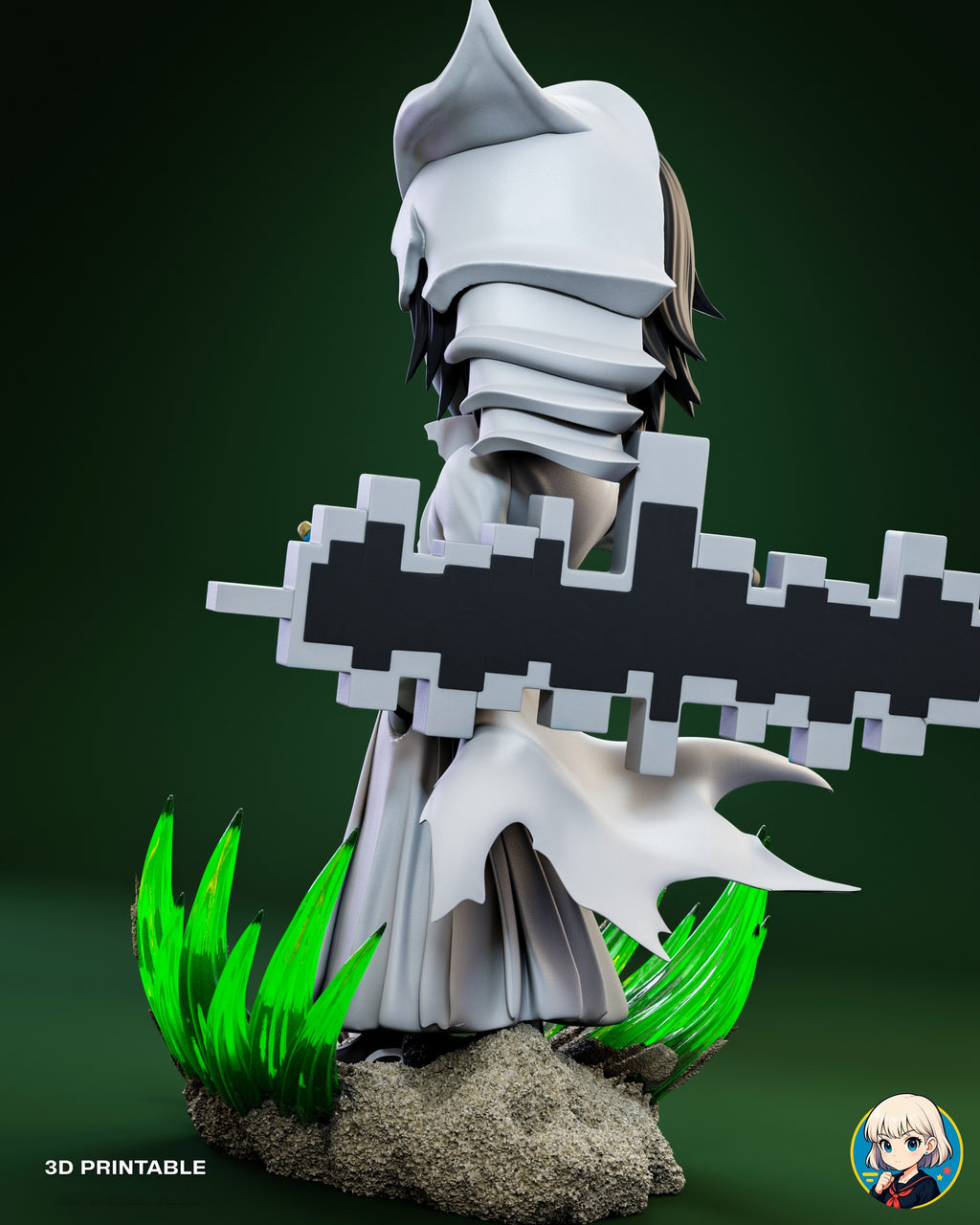 Sculptor's render (kit ships unpainted): low back view of the stacked helmet plates, the back of the portal and the torn coat tail