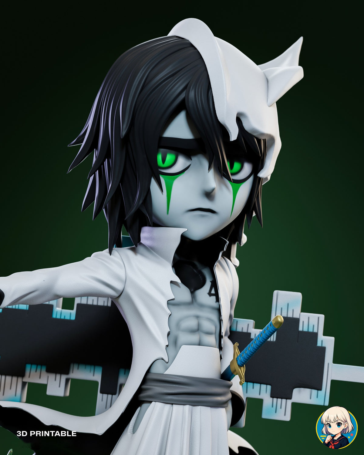 Sculptor's render (kit ships unpainted): close-up of the face with green slit-pupil eyes and tear marks, the helmet and the blue-hilted katana