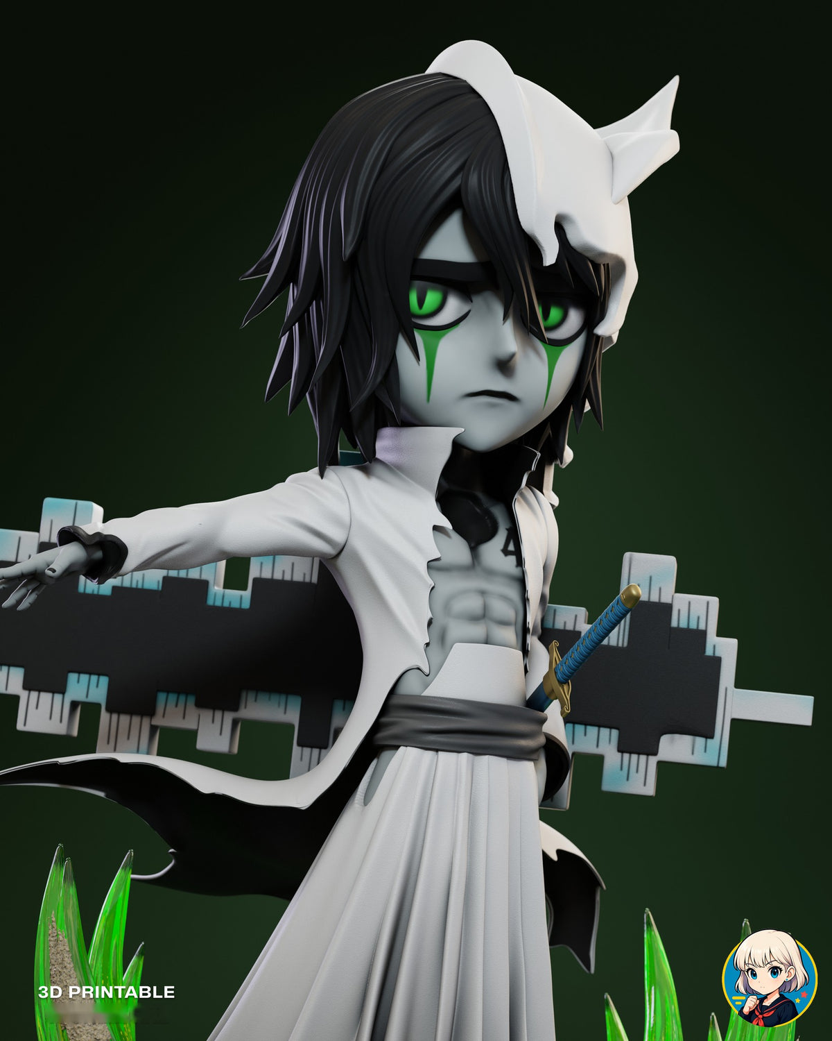 Sculptor's render (kit ships unpainted): waist-up view of the open white coat and the outstretched arm over the portal