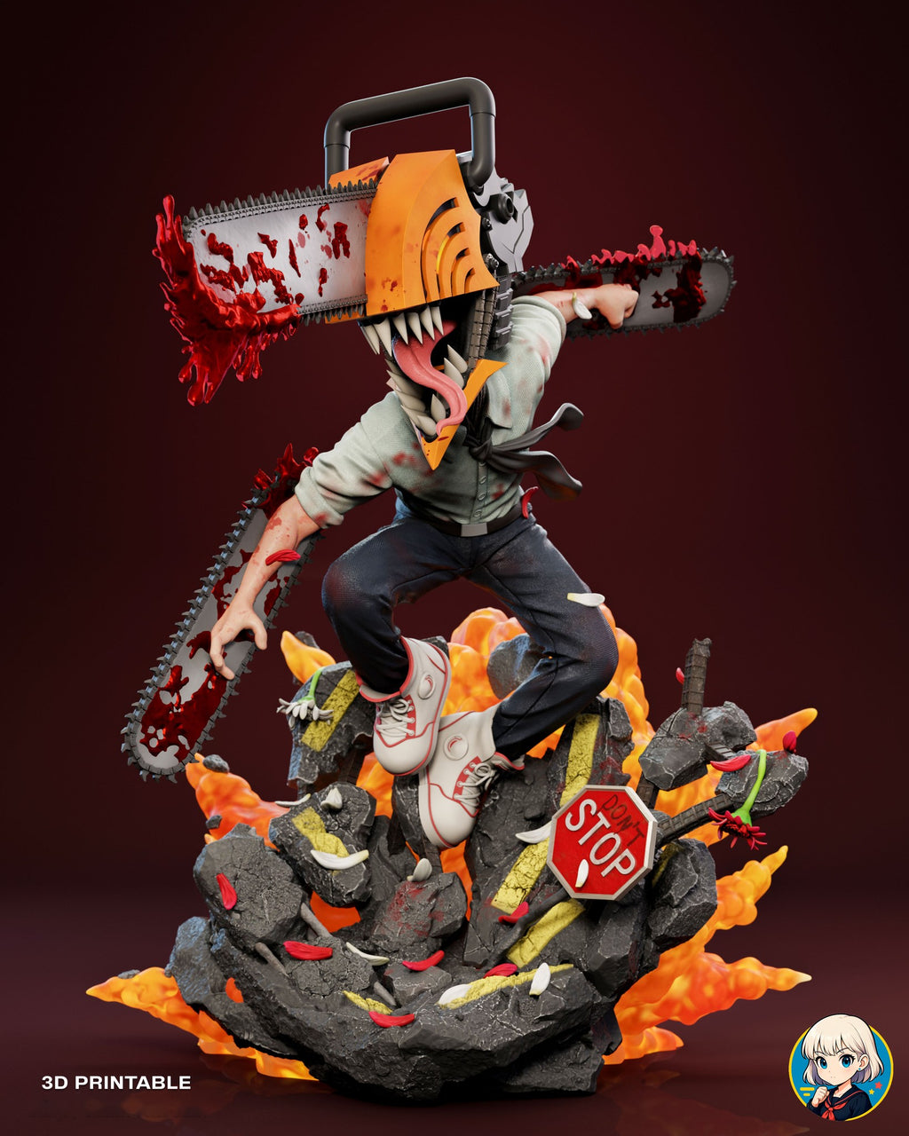 Sculptor's render of the painted design (kit ships unpainted): front view of the whole scene, the chainsaw-headed fighter leaping from road rubble with a fireball behind him and a fallen stop sign at his feet