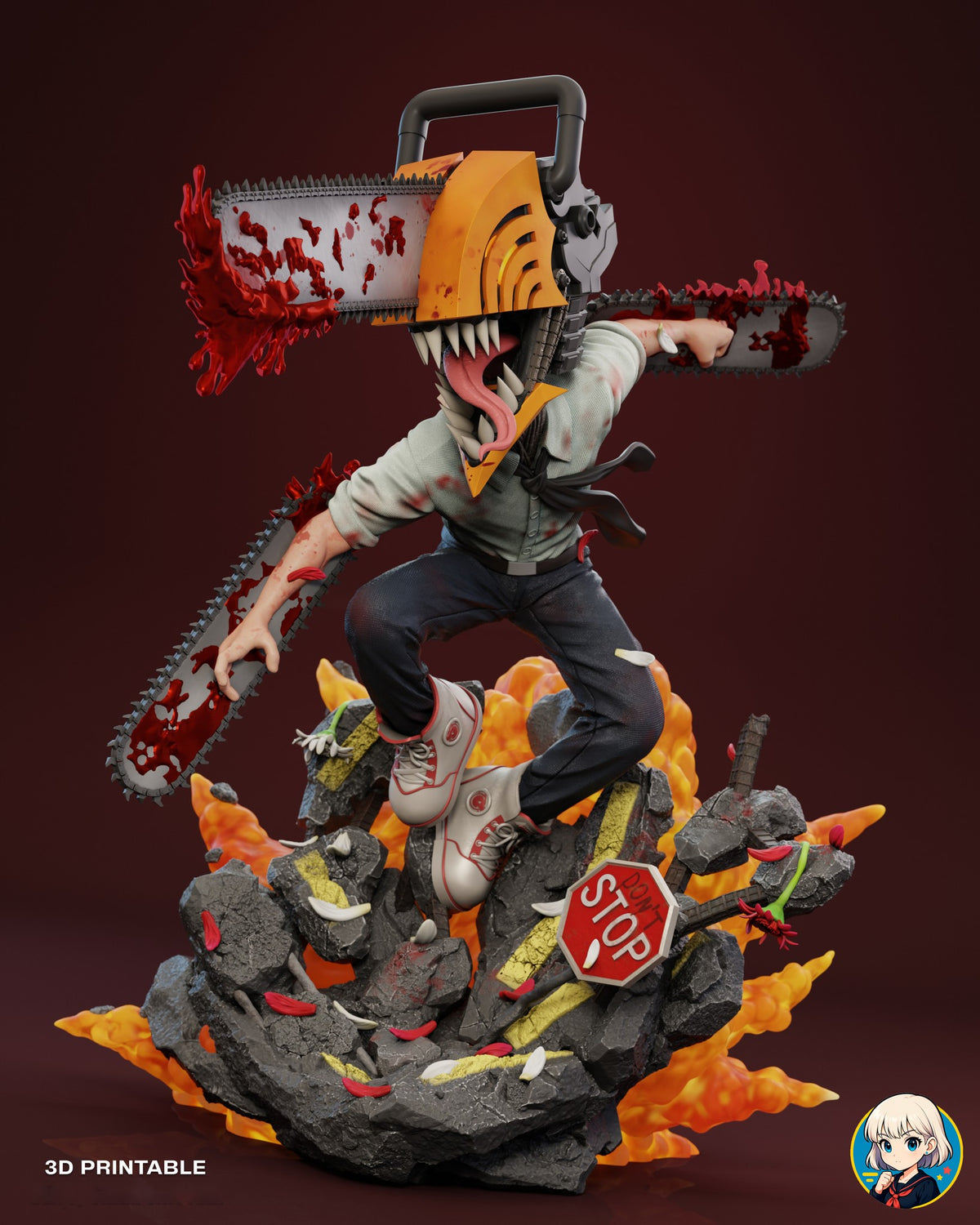 Sculptor's render (kit ships unpainted): lower front view of the rubble with the white and red flowers and scattered petals