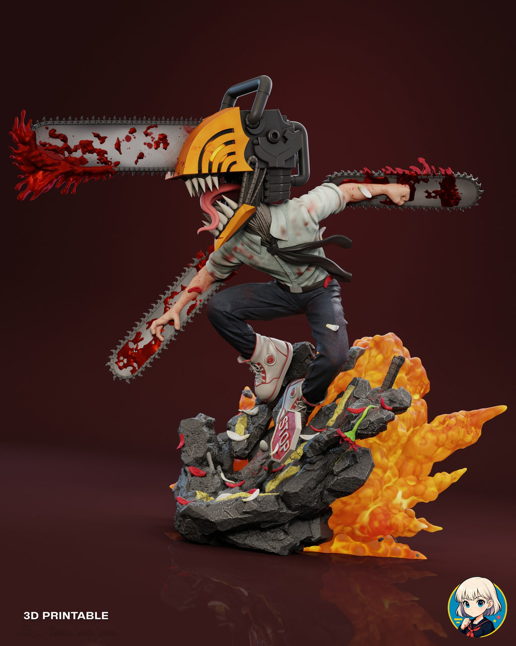 Sculptor's render (kit ships unpainted): three-quarter view from his right, with the head in profile and the fireball trailing out behind the rubble