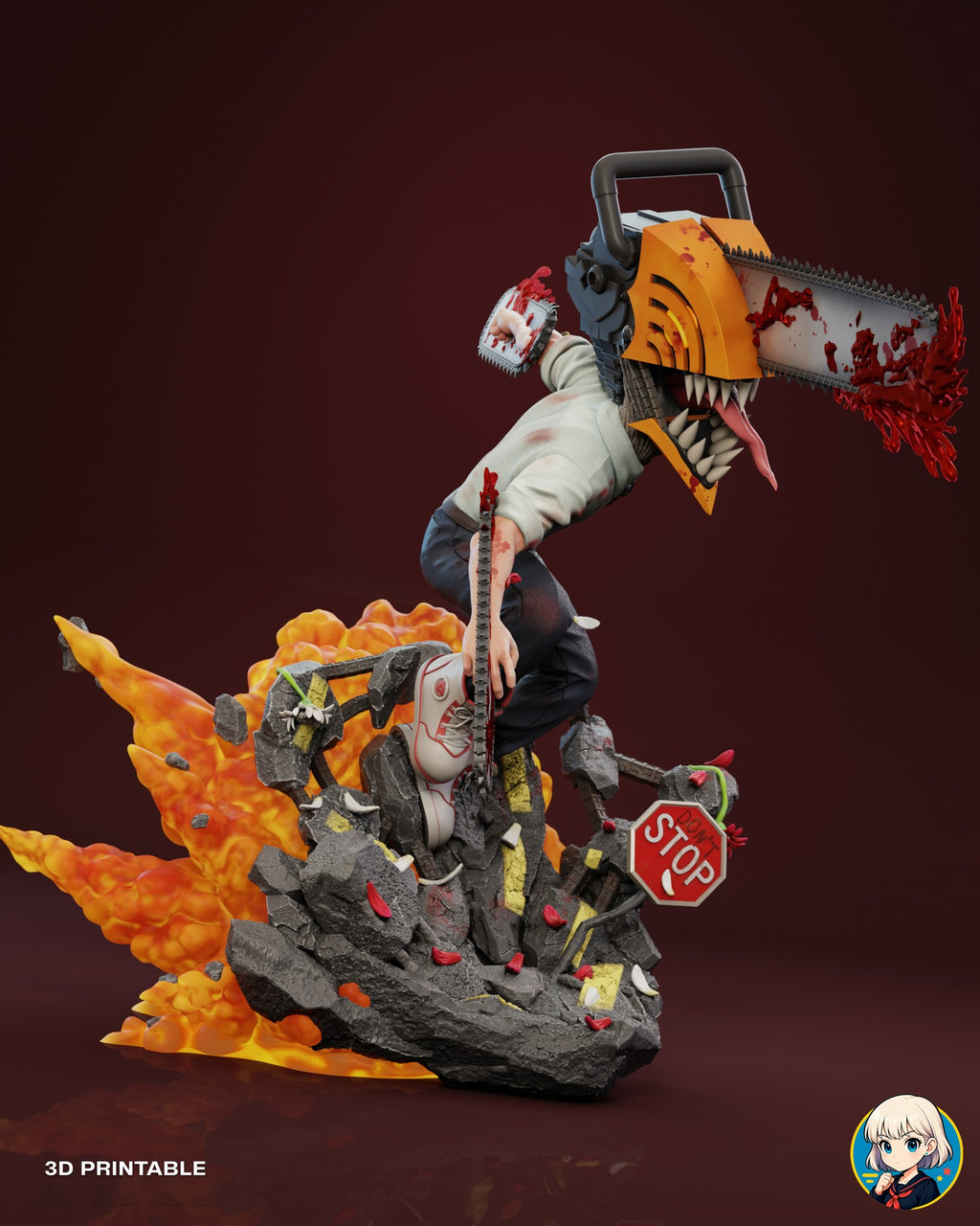 Sculptor's render (kit ships unpainted): side view from his left, with the head bar pointing forward past the base and the rebar between the slabs