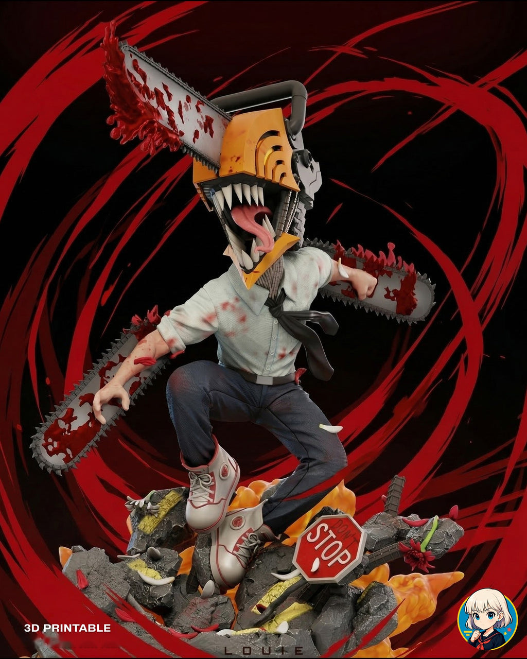 Sculptor's render (kit ships unpainted): front view against a red brush-stroke graphic backdrop (backdrop not included)