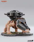 Sculptor's render of the painted design (kit ships unpainted): front three-quarter view of the chibi crawling giant in a faceted armored helmet with glowing eye slits, a four-gun turret on its back, on a grassy rock base