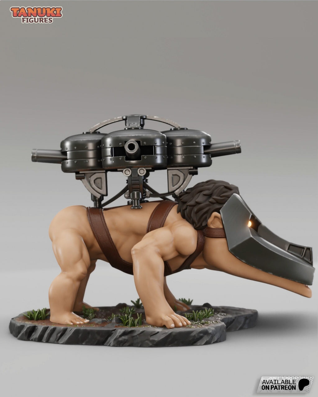 Sculptor's render (kit ships unpainted): side view with the helmet's snout reaching past the edge of the base and the turret drums above the harness