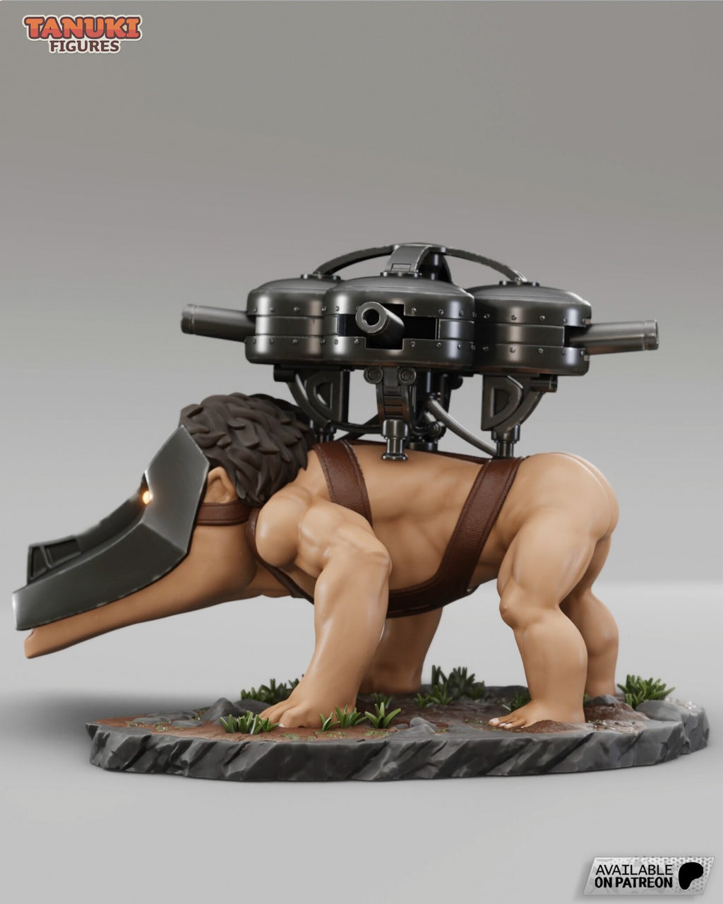 Sculptor's render (kit ships unpainted): side view from the other side, with a glowing eye slit and the shaggy hair behind the helmet