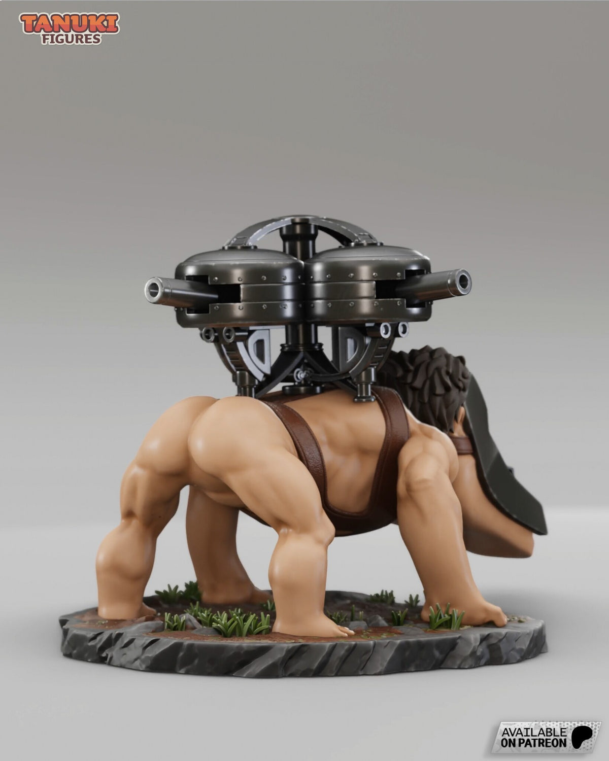 Sculptor's render (kit ships unpainted): rear three-quarter view showing the harness straps up the back to the turret mount