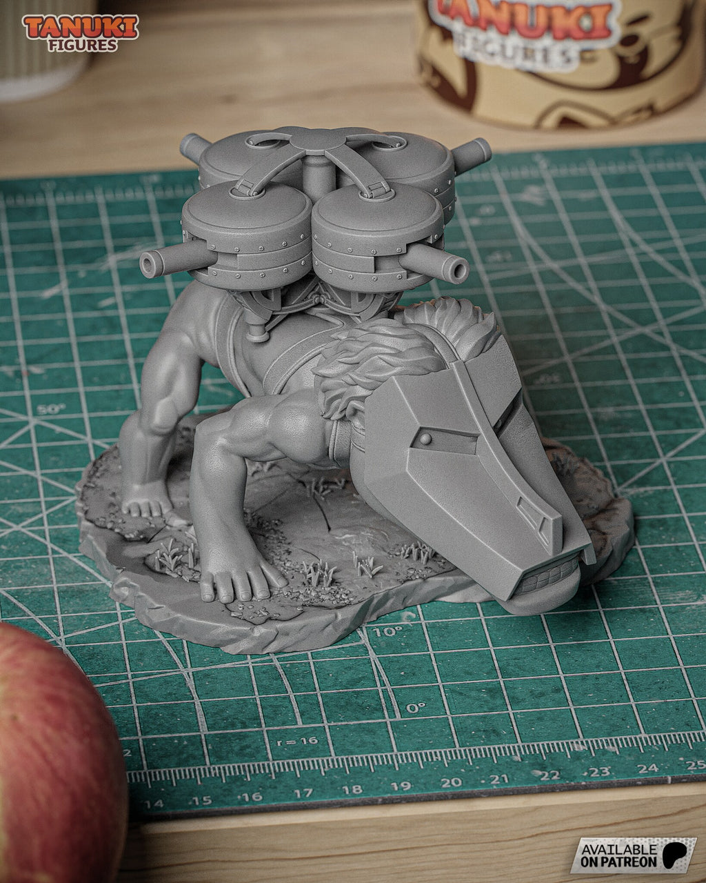 Sculptor's photo of their unpainted test print: low front view of the gray print showing the helmet, teeth and hands