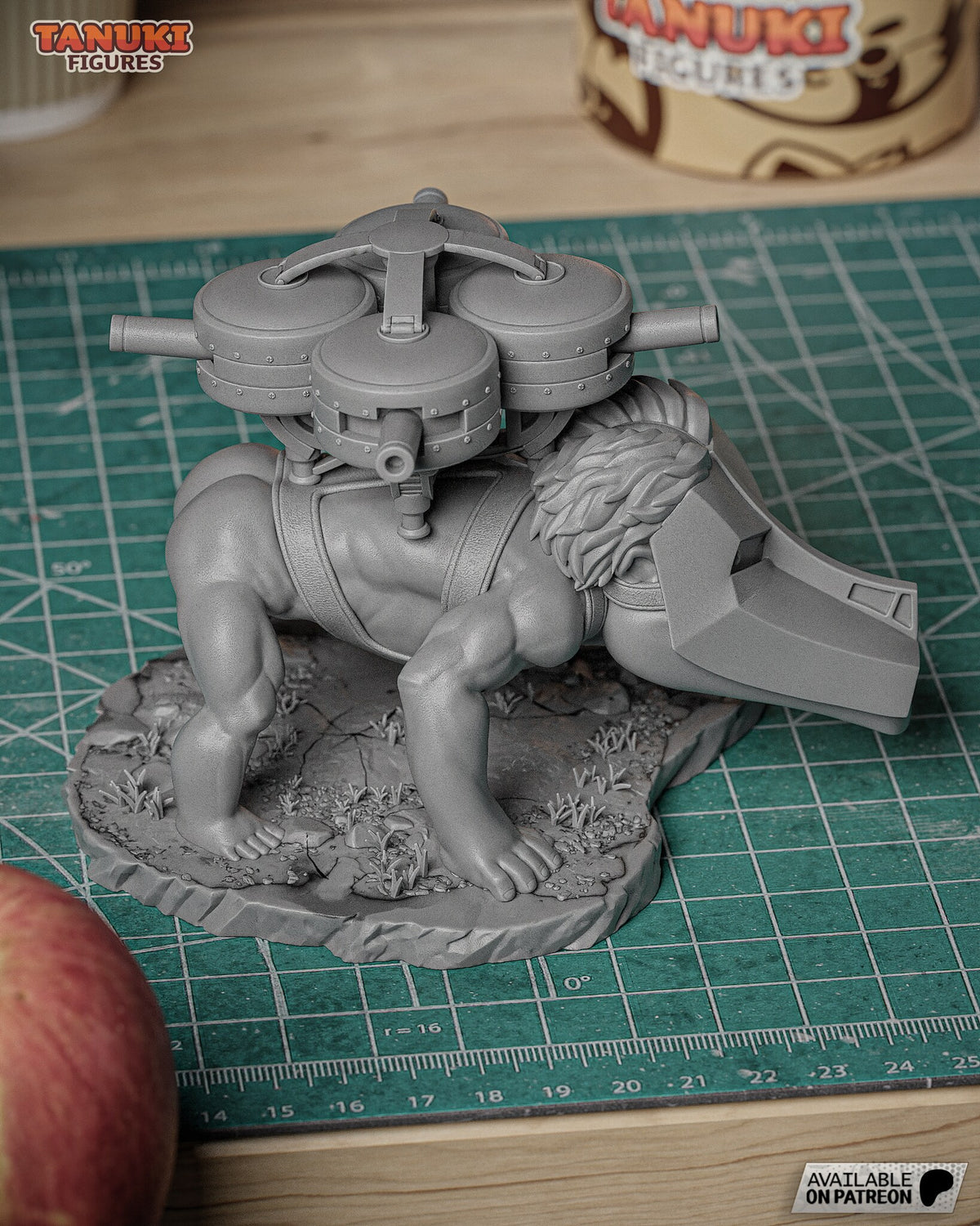 Sculptor's photo of their unpainted test print: the gray print from the side and above, with the turret frame on top