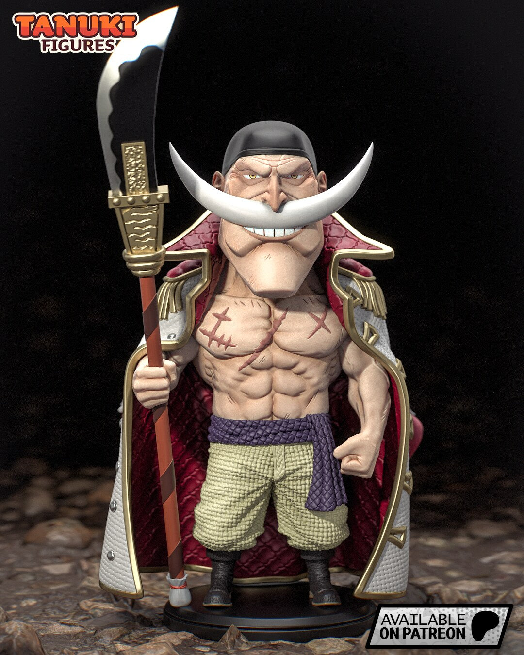 Sculptor's render of the painted design (kit ships unpainted): front view of the chibi pirate captain grinning under a white crescent mustache, holding a bisento upright, in an open white coat with crimson lining, on a round black base