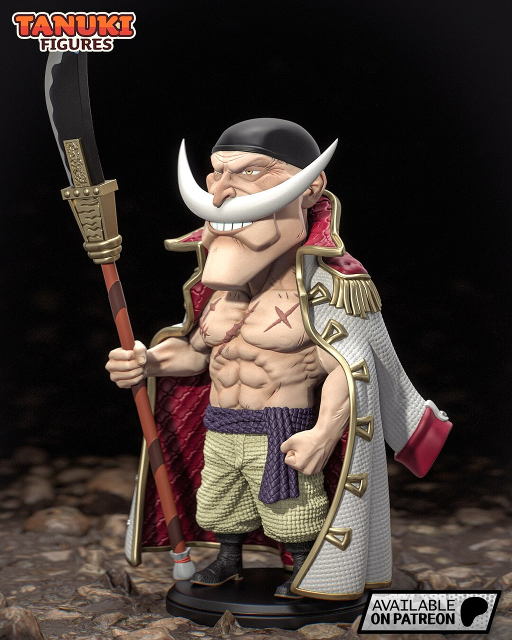 Sculptor's render (kit ships unpainted): three-quarter view from his left, showing his profile, an empty coat sleeve with a crimson cuff and gold toggles down the coat front