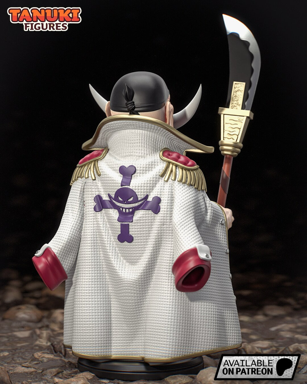 Sculptor's render (kit ships unpainted): back view showing the purple emblem on the white knit coat, the knotted bandana and the bisento at his side
