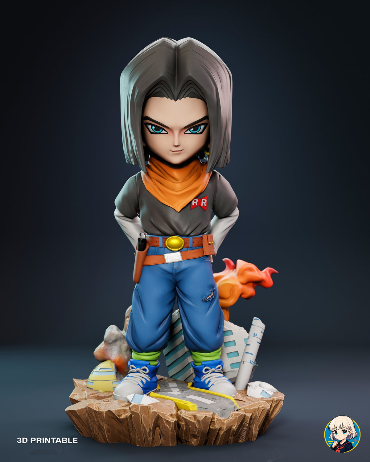 Sculptor's render of the painted design (kit ships unpainted): full front view of the dark-haired fighter, hands on hips, on a rocky base with a broken road, a domed house, smoke, a leaning building and flames