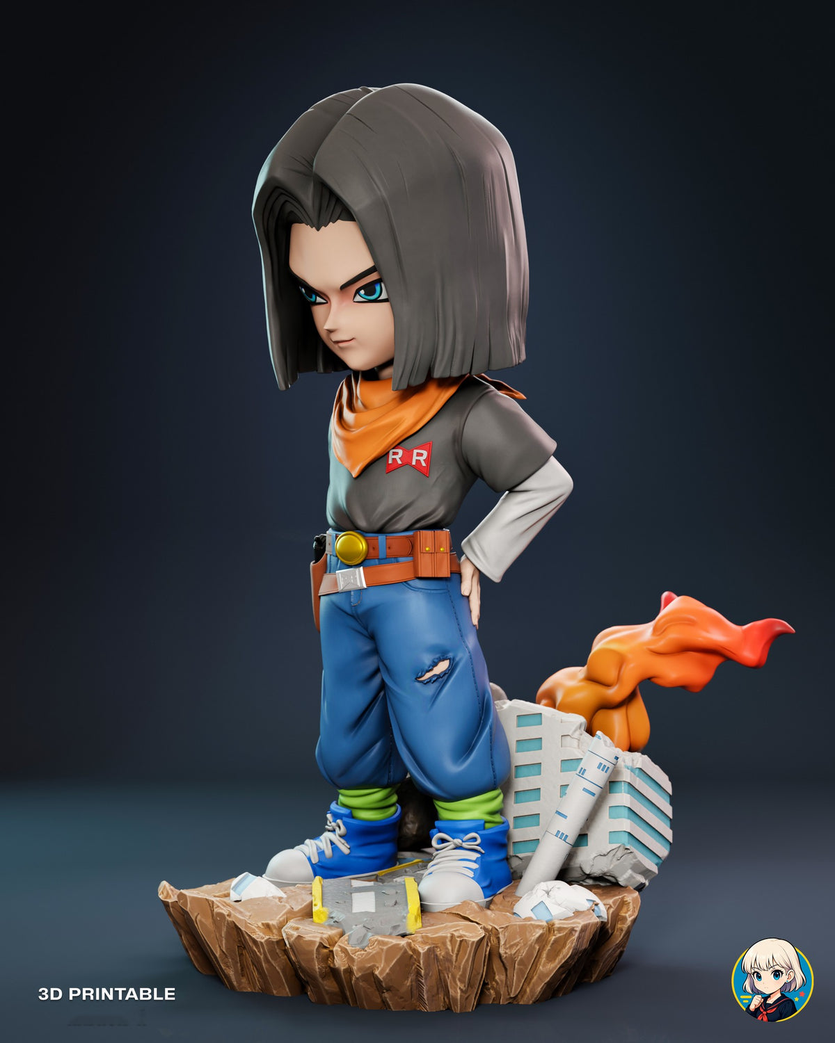 Sculptor's render (kit ships unpainted): three-quarter view from his left, with a white building and orange flames behind him