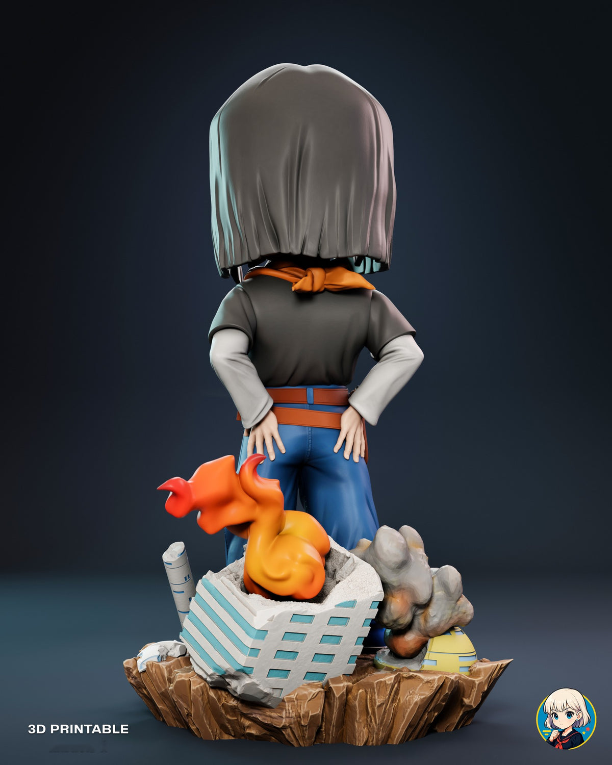 Sculptor's render (kit ships unpainted): back view with the neckerchief knot, his hands on the backs of his hips and the flames rising from the broken building