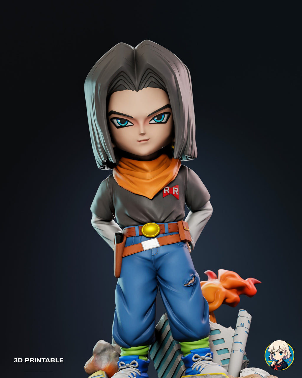 Sculptor's render (kit ships unpainted): closer front view showing the two belts, the holster grip and the torn jeans