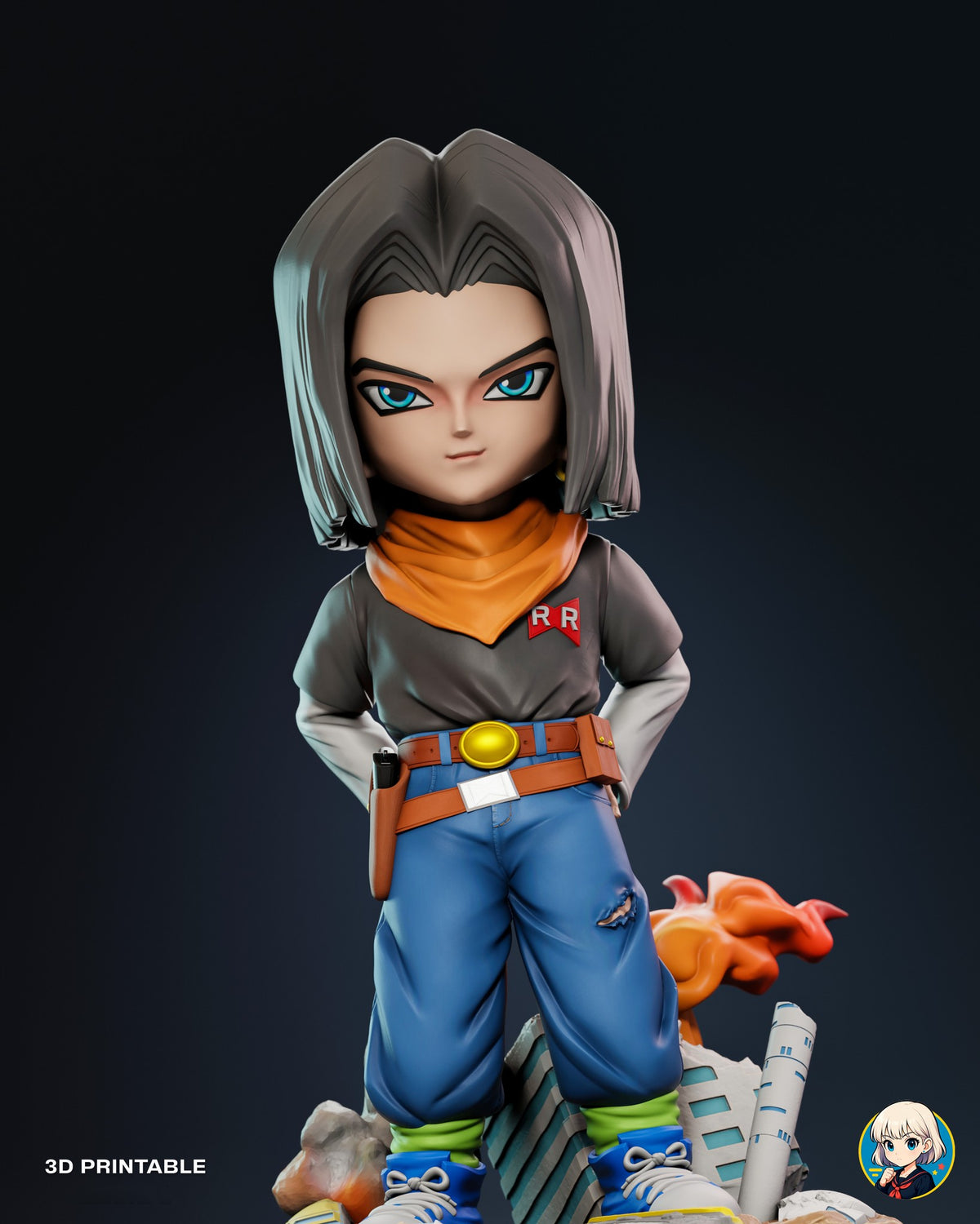 Sculptor's render (kit ships unpainted): closer front view showing the two belts, the holster grip and the torn jeans