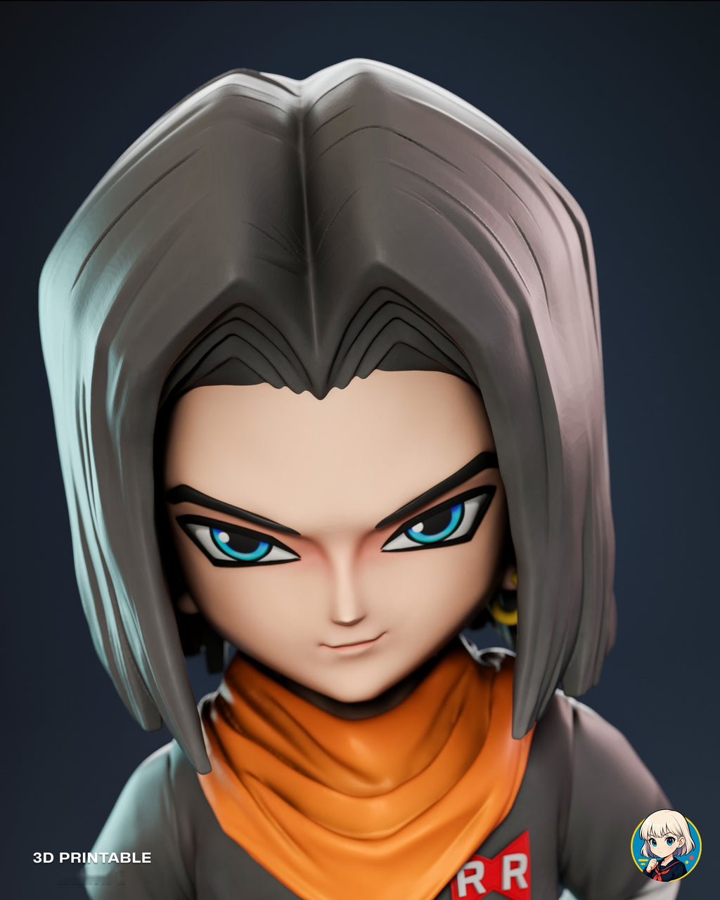 Sculptor's render (kit ships unpainted): close-up of the face with cyan eyes, a small smirk, a center-parted dark bob and the orange neckerchief