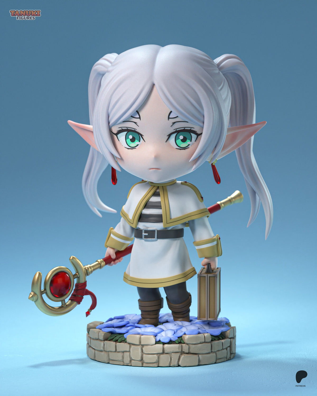 Sculptor's render of the painted design (kit ships unpainted): front view of the chibi elf mage with silver twin tails, holding a red gem staff and a small suitcase, on a round stone bed of blue flowers