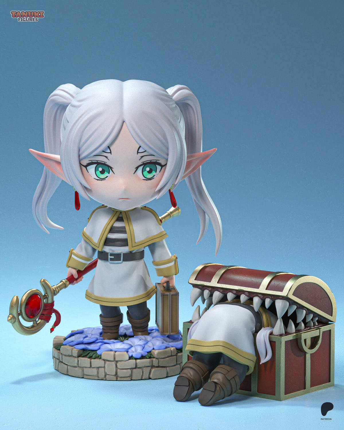 Sculptor's render (kit ships unpainted): the standing figure beside the treasure-chest mimic with the mage's legs and boots sticking out of its fanged mouth