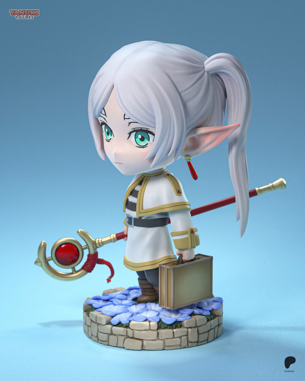 Sculptor's render (kit ships unpainted): three-quarter view with a pointed ear and red drop earring, the suitcase in the foreground