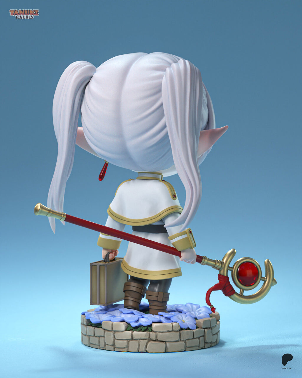 Sculptor's render (kit ships unpainted): back view of the hair and twin tails, the staff held diagonally behind her