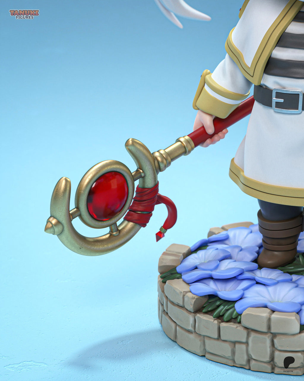 Sculptor's render (kit ships unpainted): close-up of the staff head, a gold crescent holding a red gem with a red cloth wrap, beside the flower bed