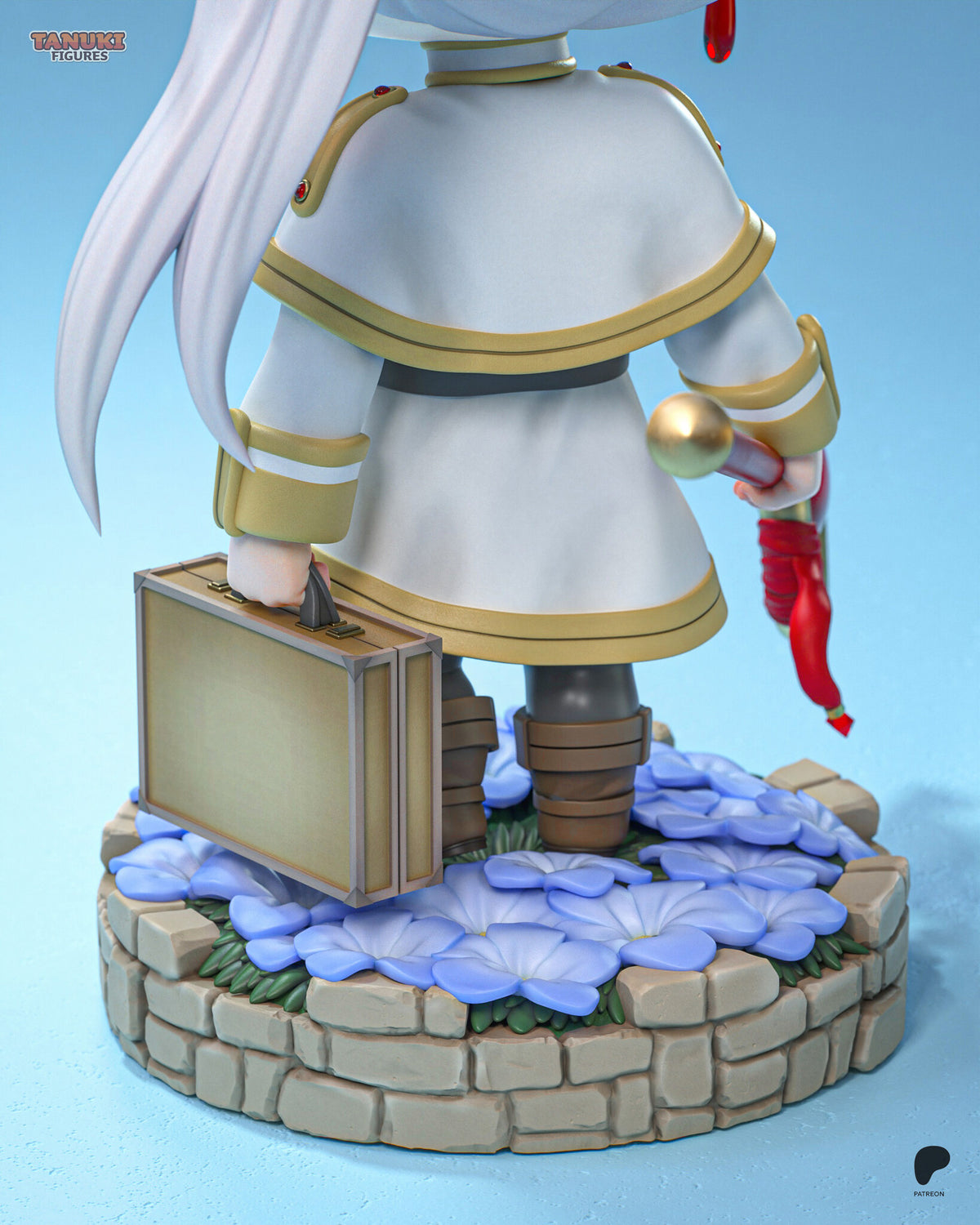 Sculptor's render (kit ships unpainted): close-up from behind of the suitcase, gold-trimmed tunic and banded boots on the flower bed