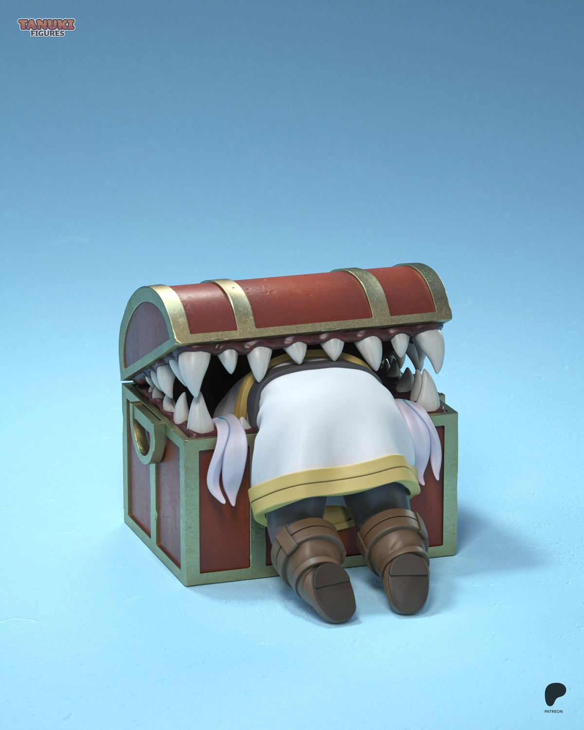Sculptor's render (kit ships unpainted): front view of the treasure-chest mimic with fangs, the mage's tunic, folded legs and boots sticking out