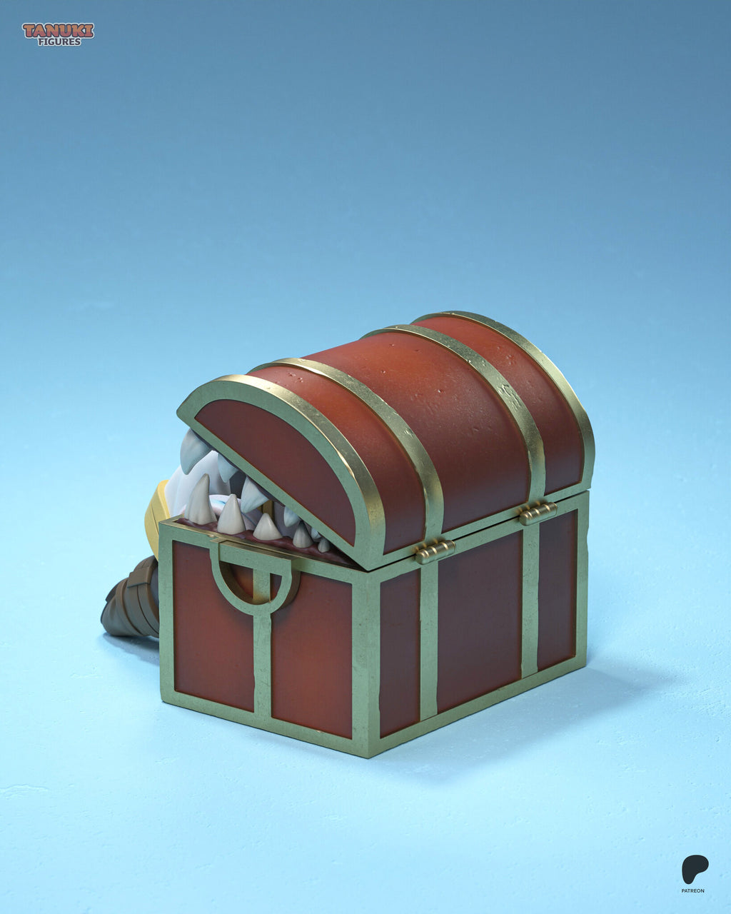 Sculptor's render (kit ships unpainted): rear view of the treasure chest with its brass bands and hinges