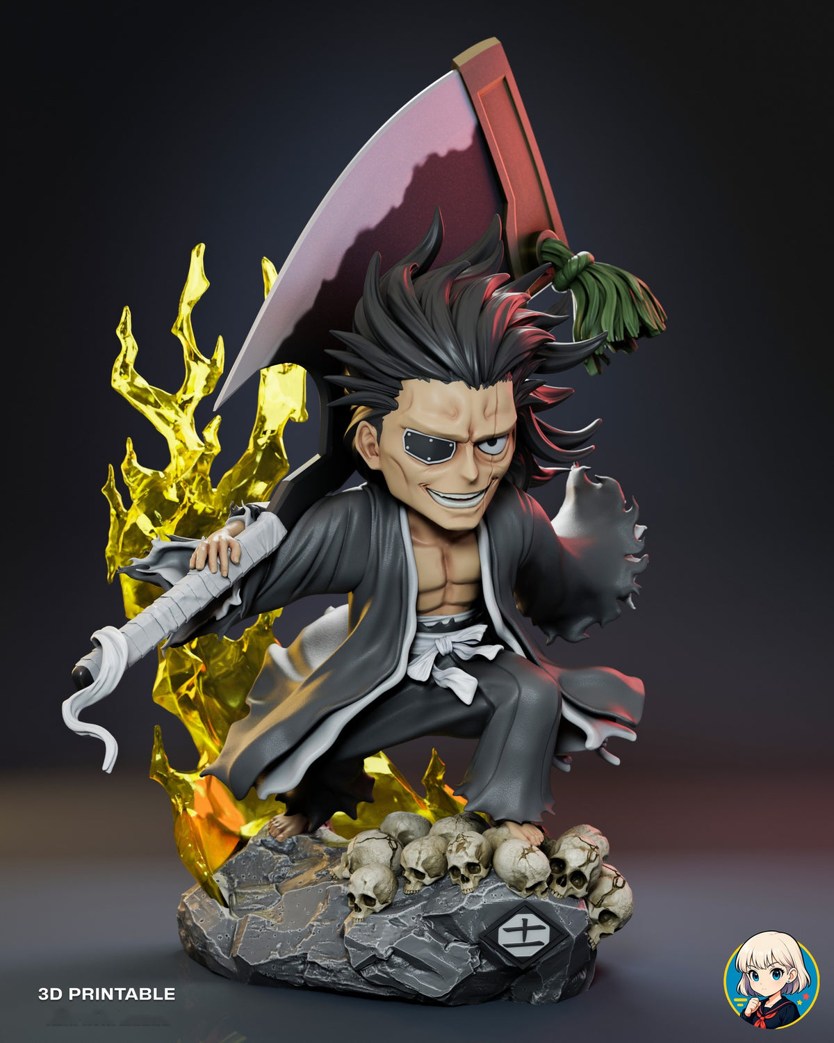Sculptor's render of the painted design (kit ships unpainted): front three-quarter view of the whole figure crouched on the rock base, with the cleaver blade over his shoulder, the skull pile, the plaque and the yellow flame behind