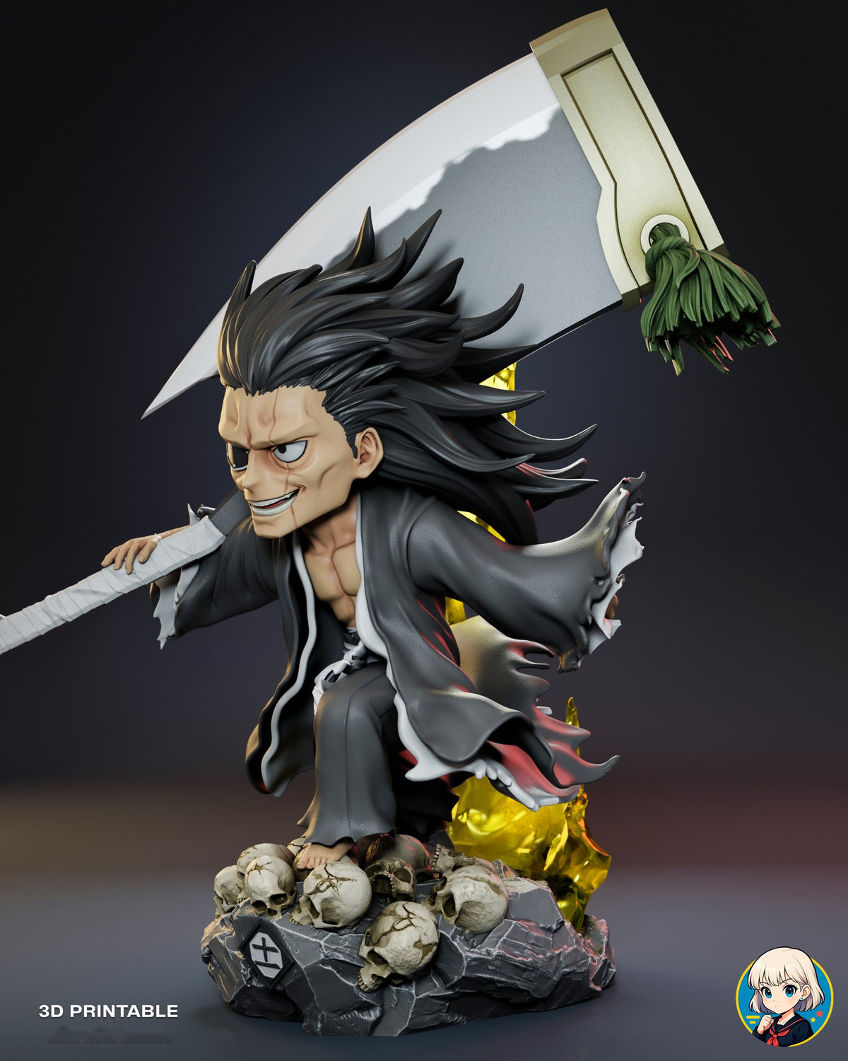 Sculptor's render (kit ships unpainted): view from his left front under neutral light, showing the silver blade, khaki spine and green tassel above his head