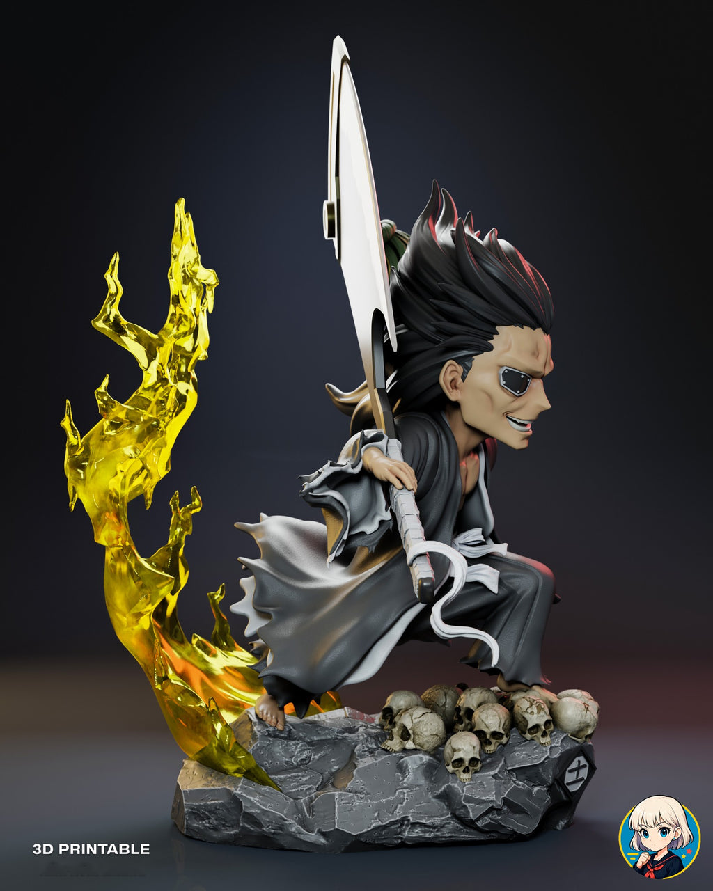 Sculptor's render (kit ships unpainted): side view from his eyepatch side, with the hilt across his body, the blade seen edge-on and the flame trailing behind
